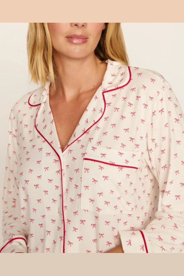 Eberjey Gisele Printed Long PJ Set - Mini Bow Ivory/Holly Red