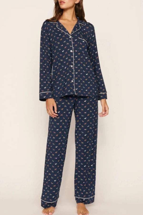 Eberjey Gisele Printed Long PJ Set - Santa Paws Navy/Ivory