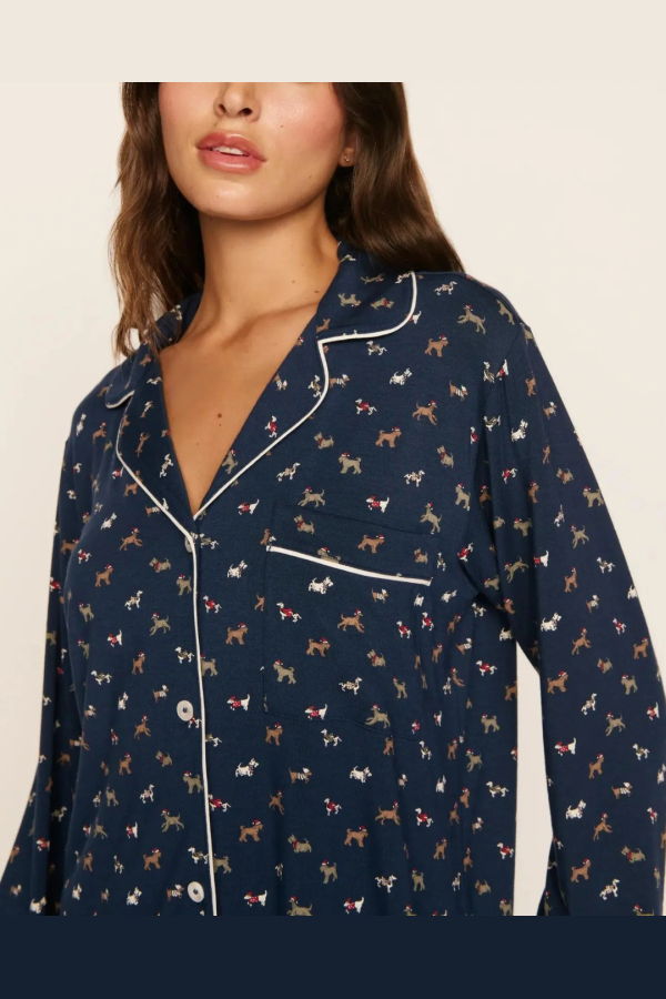 Eberjey Gisele Printed Long PJ Set - Santa Paws Navy/Ivory