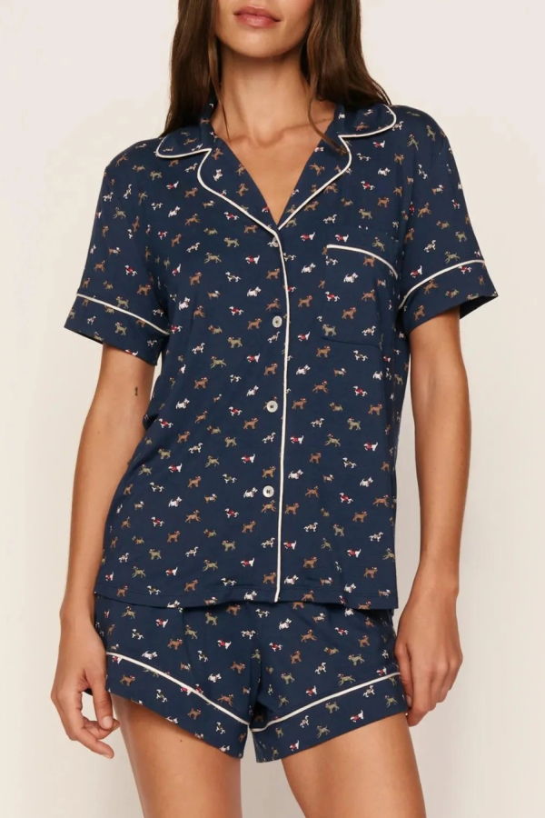 Eberjey Gisele Printed Relax Short PJ Set - Santa Paws Navy / Ivory