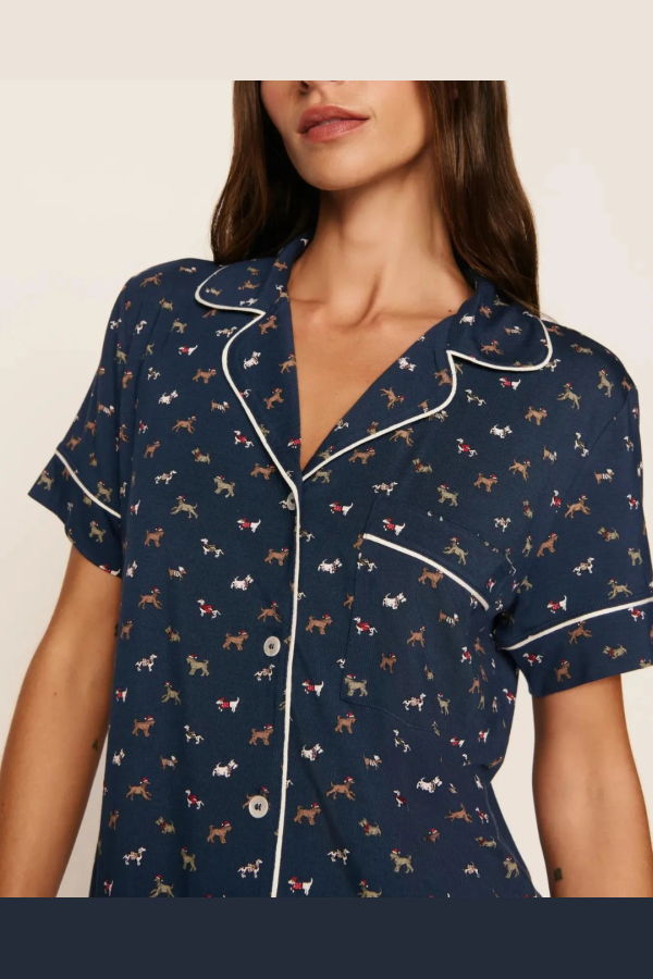 Eberjey Gisele Printed Relax Short PJ Set - Santa Paws Navy / Ivory