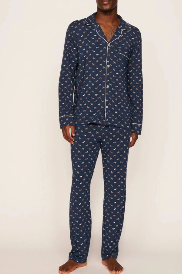Eberjey William Printed Long PJ Set - Santa Paws Navy/Ivory