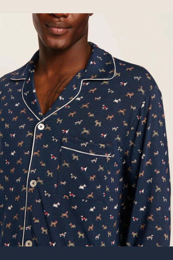 Eberjey William Printed Long PJ Set - Santa Paws Navy/Ivory