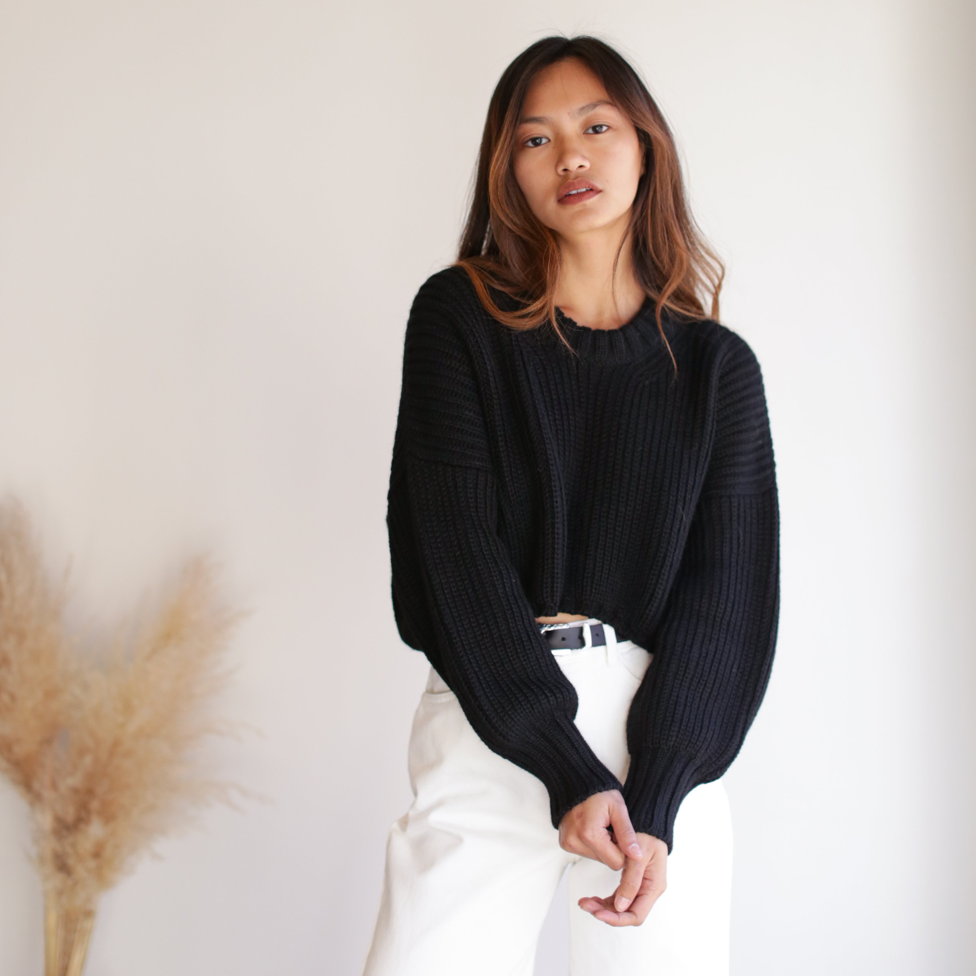 First Rite Crop Crew Sweater - Black 