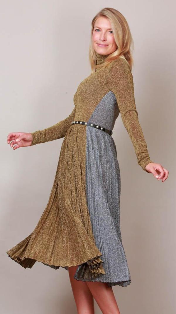 slim fit dress slacks Gold Pleated Metallic Lamé Gown – SemSem