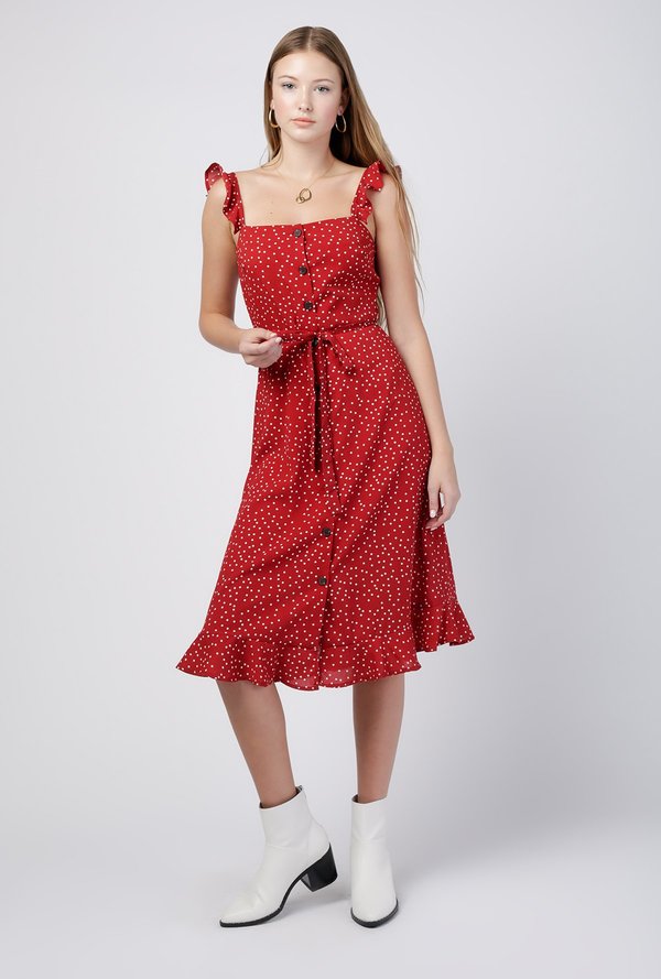 ruffle strap midi dress