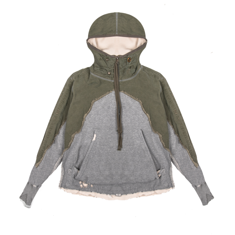 Greg Lauren HIGH TECH NECK HOODIE ARMY/GREY Garmentory