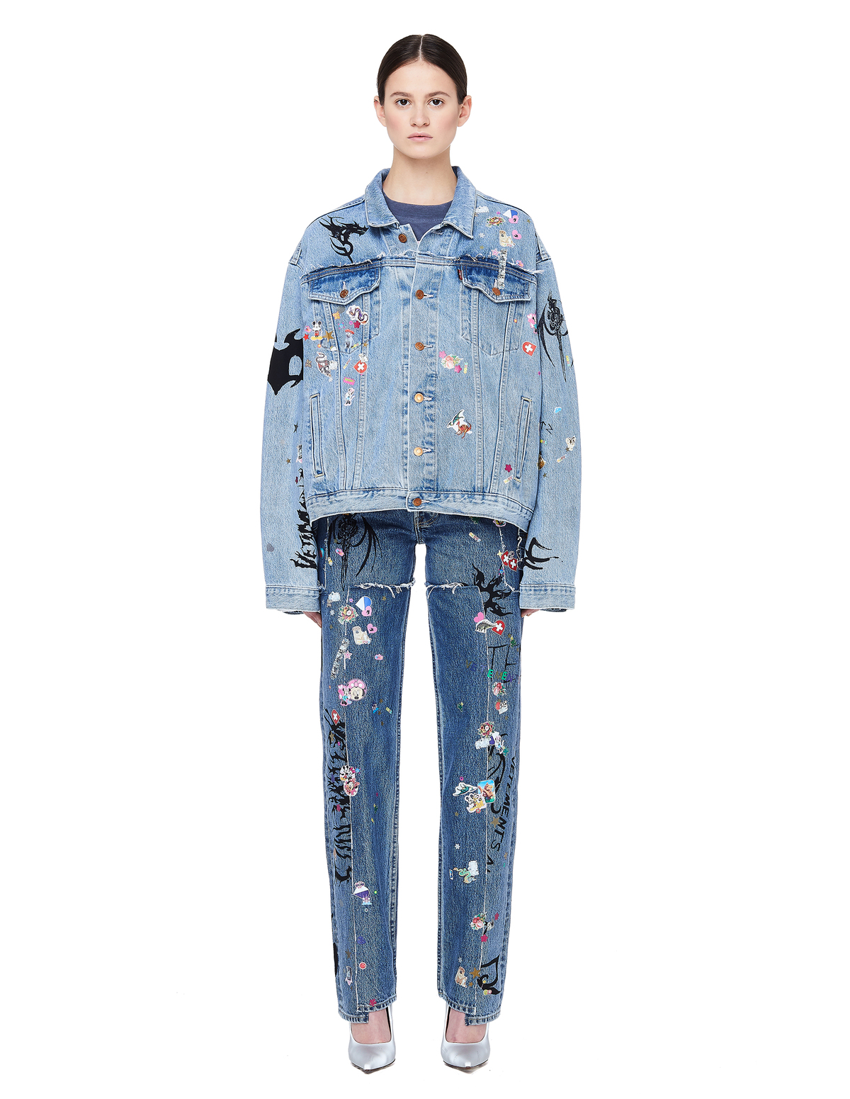 Vetements Oversized Printed Sticker Denim Jacket | Garmentory