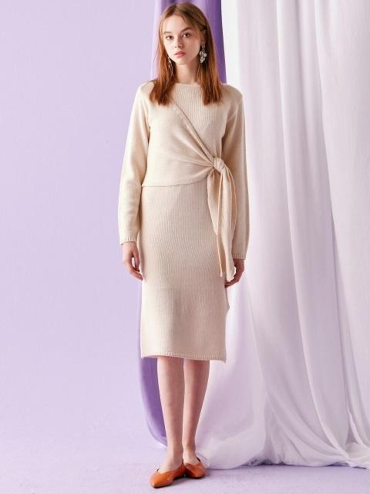 Ribbed Knit Wrap Dress Beige | Garmentory Ribbed Knit Wrap Dress Beige | Garmentory