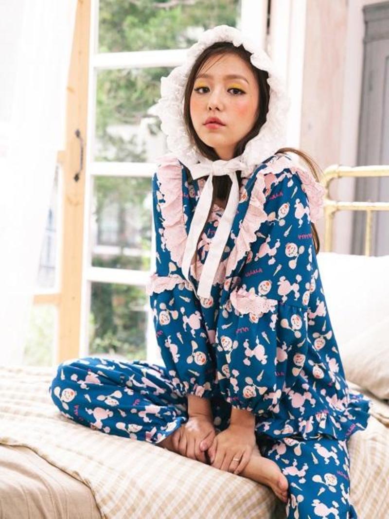 【ULLALA】Plaje Nasi Two Piece Blue ULLALA PAJAMAS Ullala Blue Women Lone Sleeve Two Piece