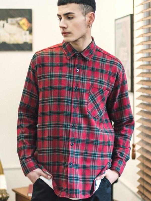 ☆F.ILLUMINATE☆ Neutral check shirt brown Men's F.ILLUMINATE [Unisex] Mild Check Shirt Red | Garmentory