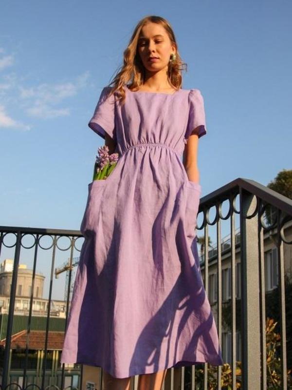 Vintage Square Neck Dress Violet Linen | Garmentory