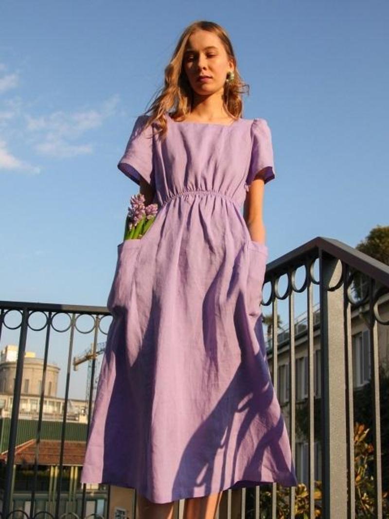 chinese dress ladies Lavender Purple Linen Maxi Dress  Vintage Boat Neck Long Sleeve Dress 2188 Purple / L