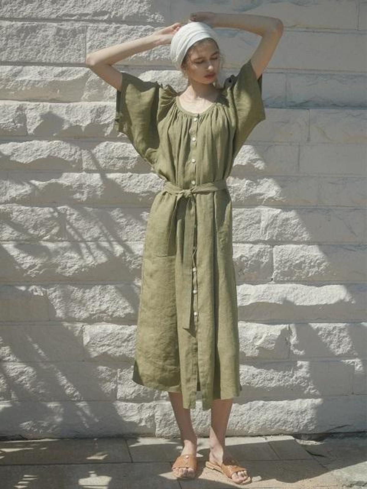 knee length dresses for ladies Dark green Linen Shirt Dress main image 0