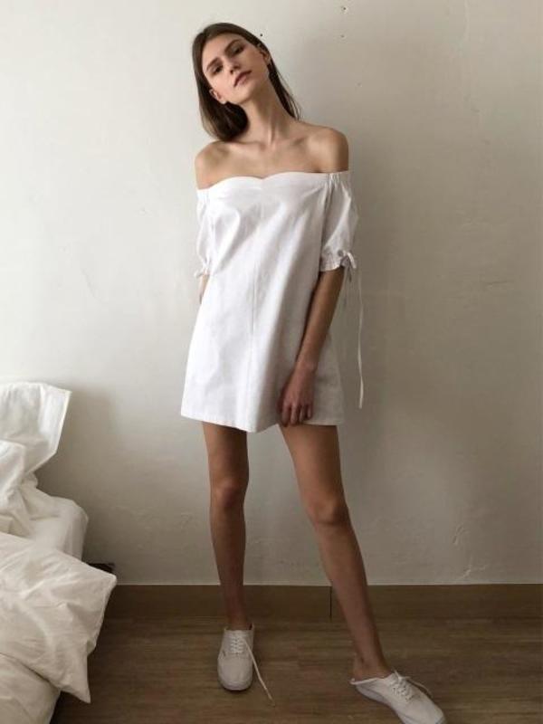 ECOMMAE Tulip Off The Shoulder Linen Mini Dress - White | Garmentory