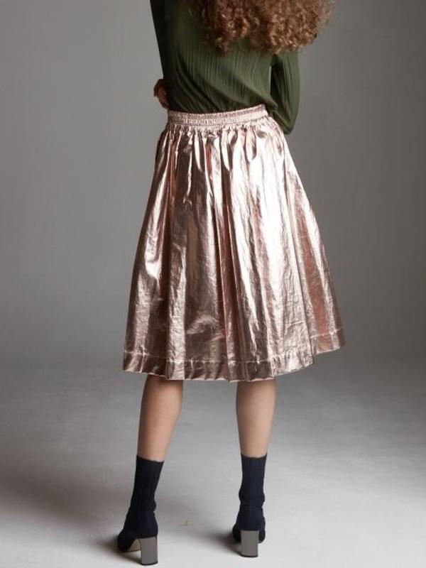 OUAHSOMMET Metallic Foil Pleated Skirt Champagne Gold Garmentory