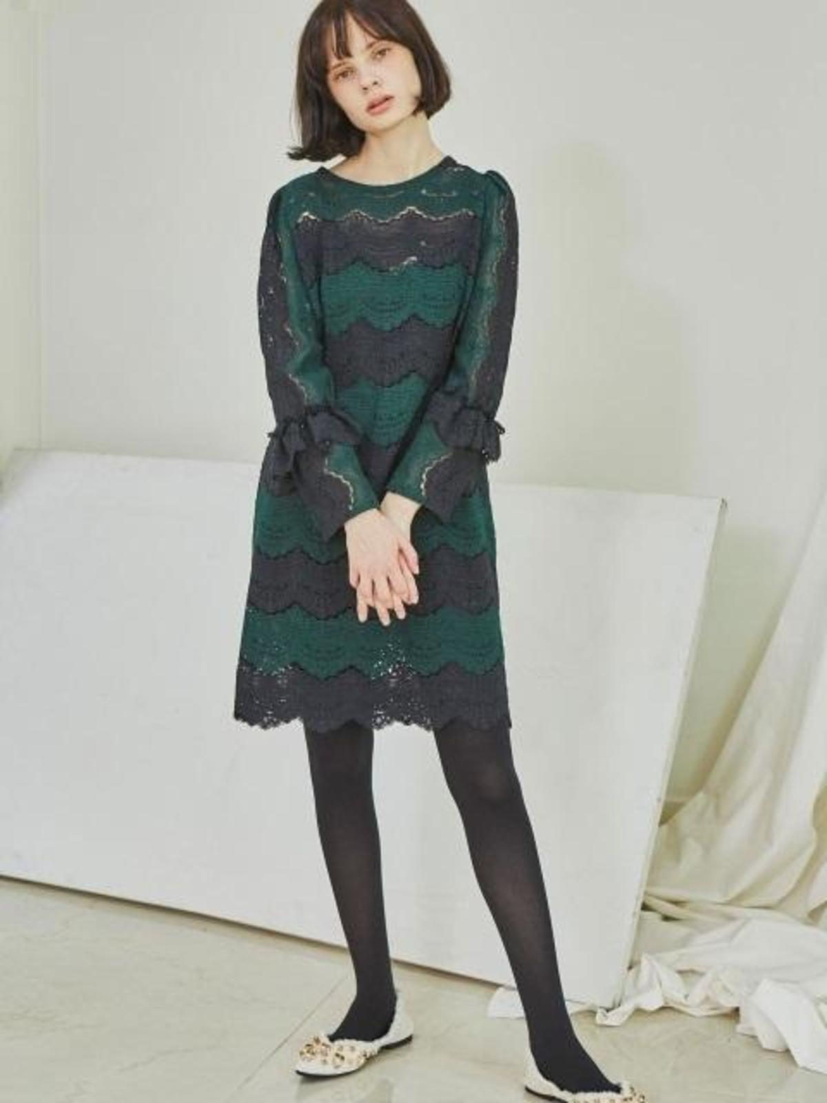 SORRY TOO MUCH LOVE Green And Black Lace Stripe Dress - Green | Garmentory
