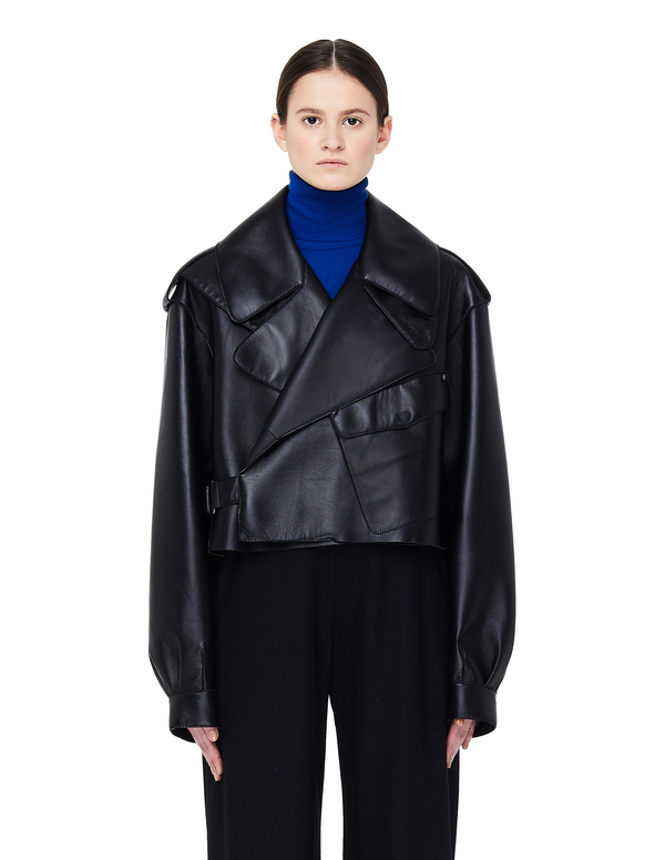 Maison Margiela Leather Cropped Bomber Jacket - Black | Garmentory