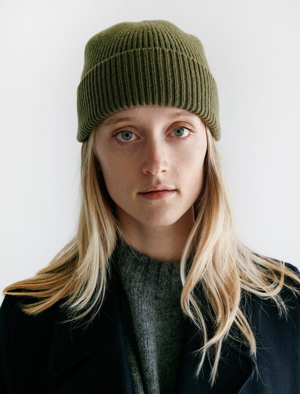 Margaret Howell Merino Cashmere Fine Rib Hat - Olive Leaf | Garmentory