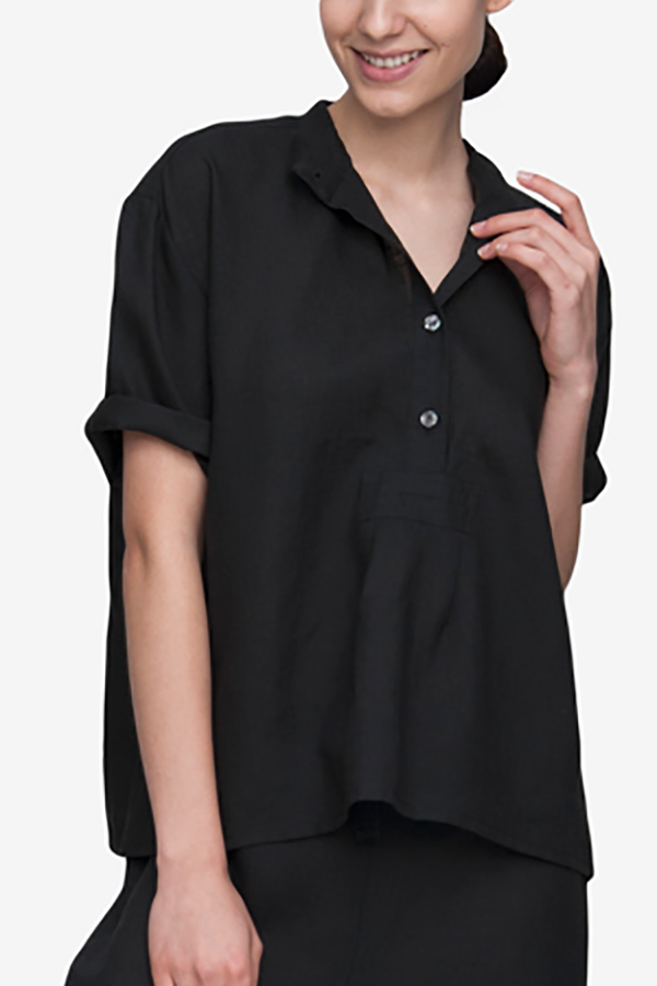 The Sleep Shirt Short Sleeve Cropped Linen Sleep Shirt Black Garmentory