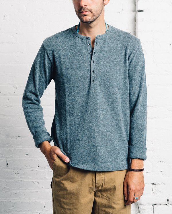 KAPITAL(キャピタル) DYED HENLEY COLLAR TEE Kapital Lamb Wool Henley - Turquoise | Garmentory