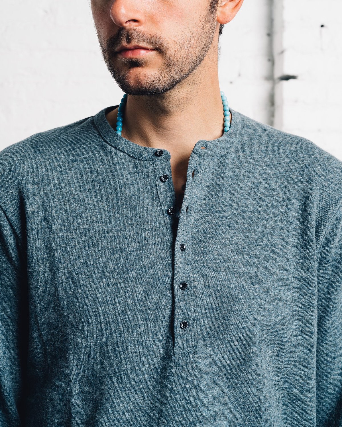 KAPITAL(キャピタル) DYED HENLEY COLLAR TEE Kapital Lamb Wool Henley - Turquoise | Garmentory
