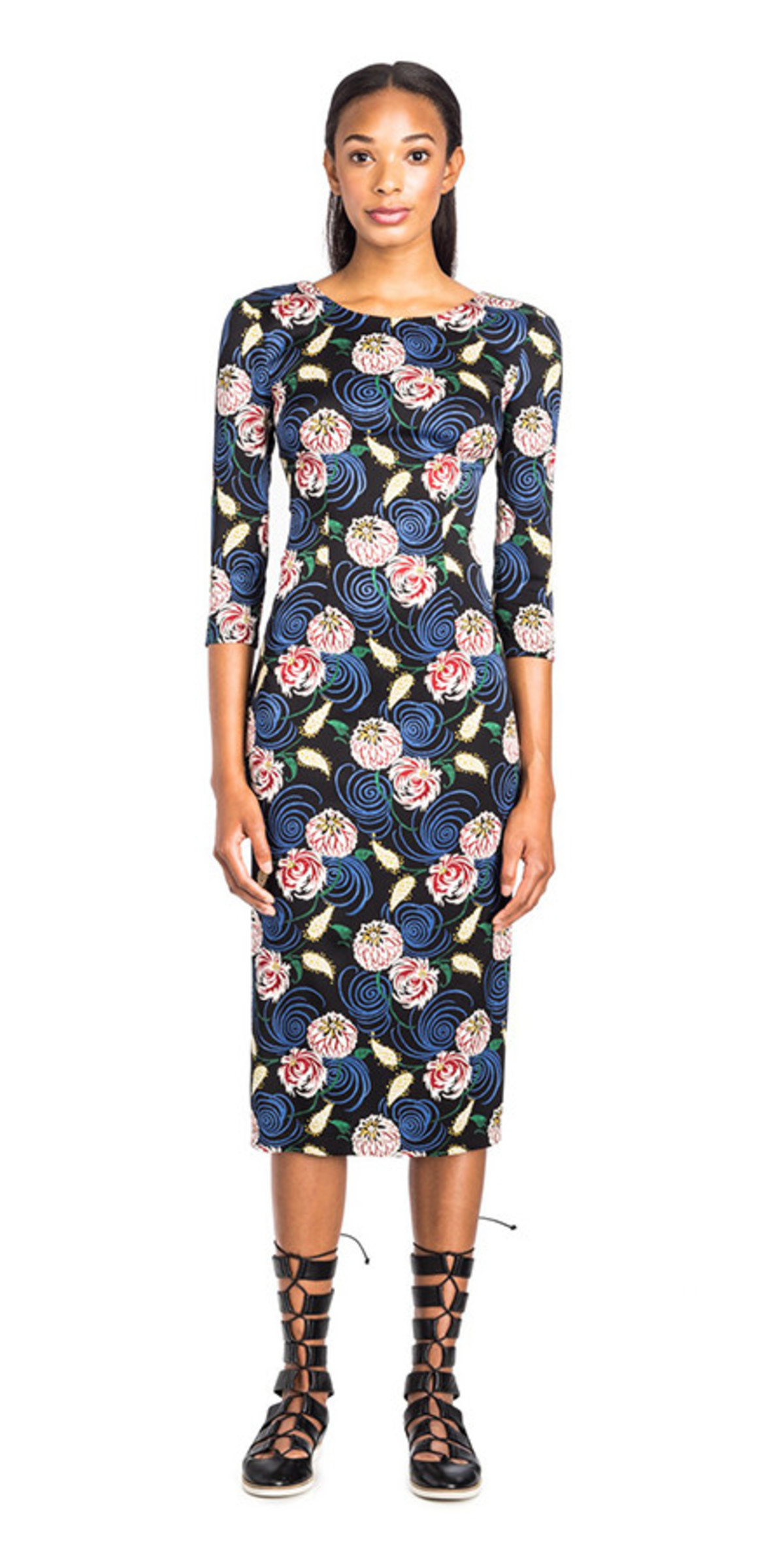 suno silk floral sheath dress Suno Stretch Silk Cut Out-Waist Floral Short Sleeve Midi Dress Katy Perry choice