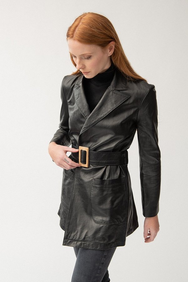 Tach Ornella Leather Trench COAT Black Garmentory