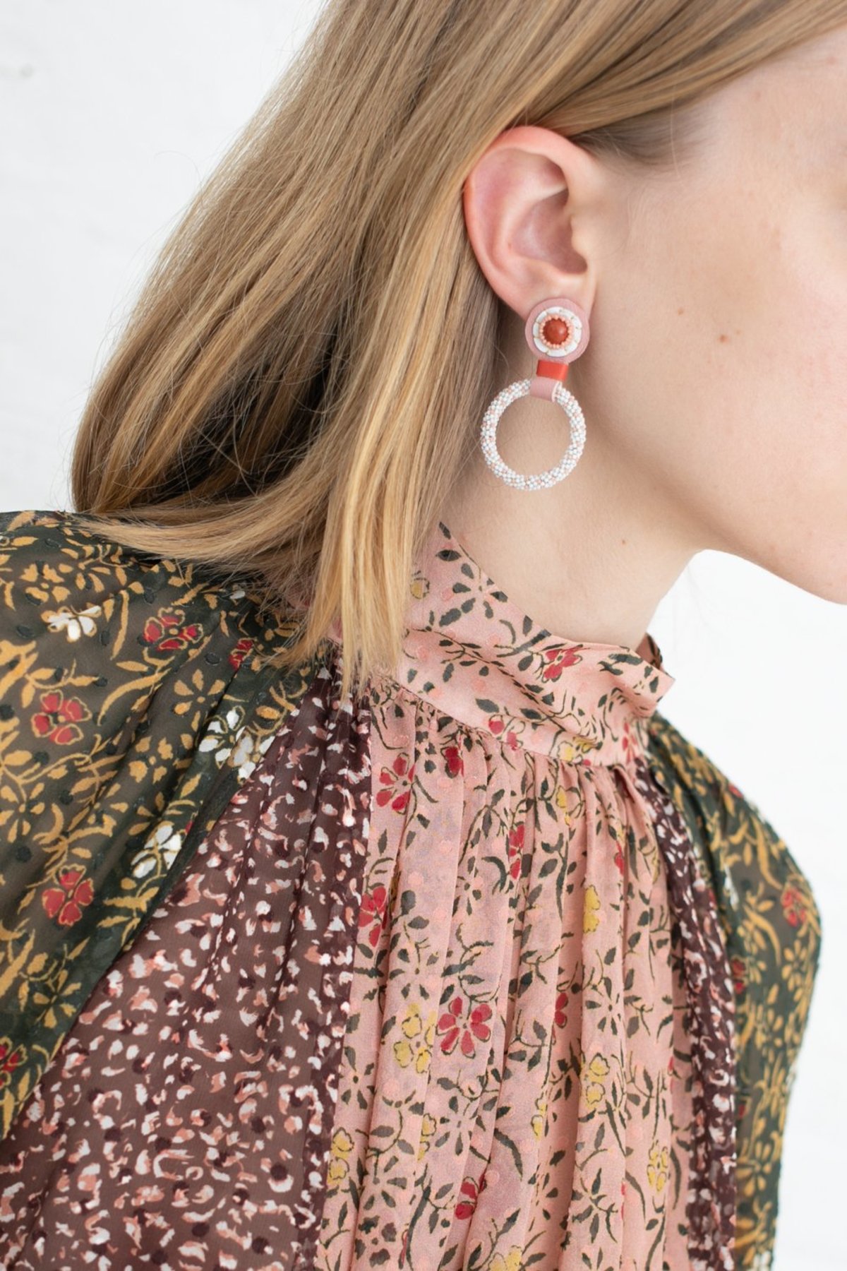 Robin Mollicone Small Beaded Hoop Earring - Red Jasper with Pink Dots - Image 1 of 3