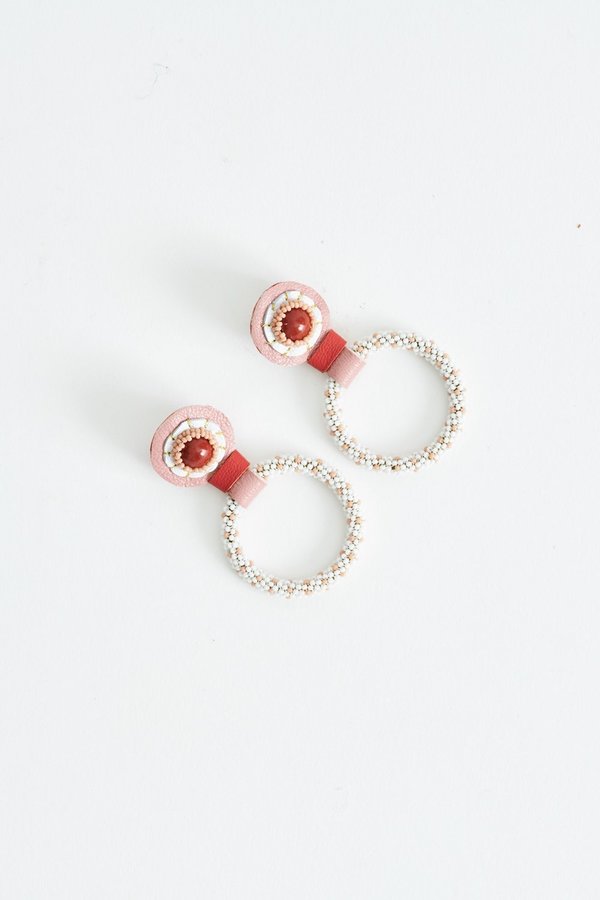 Robin Mollicone Small Beaded Hoop Earring - Red Jasper with Pink Dots