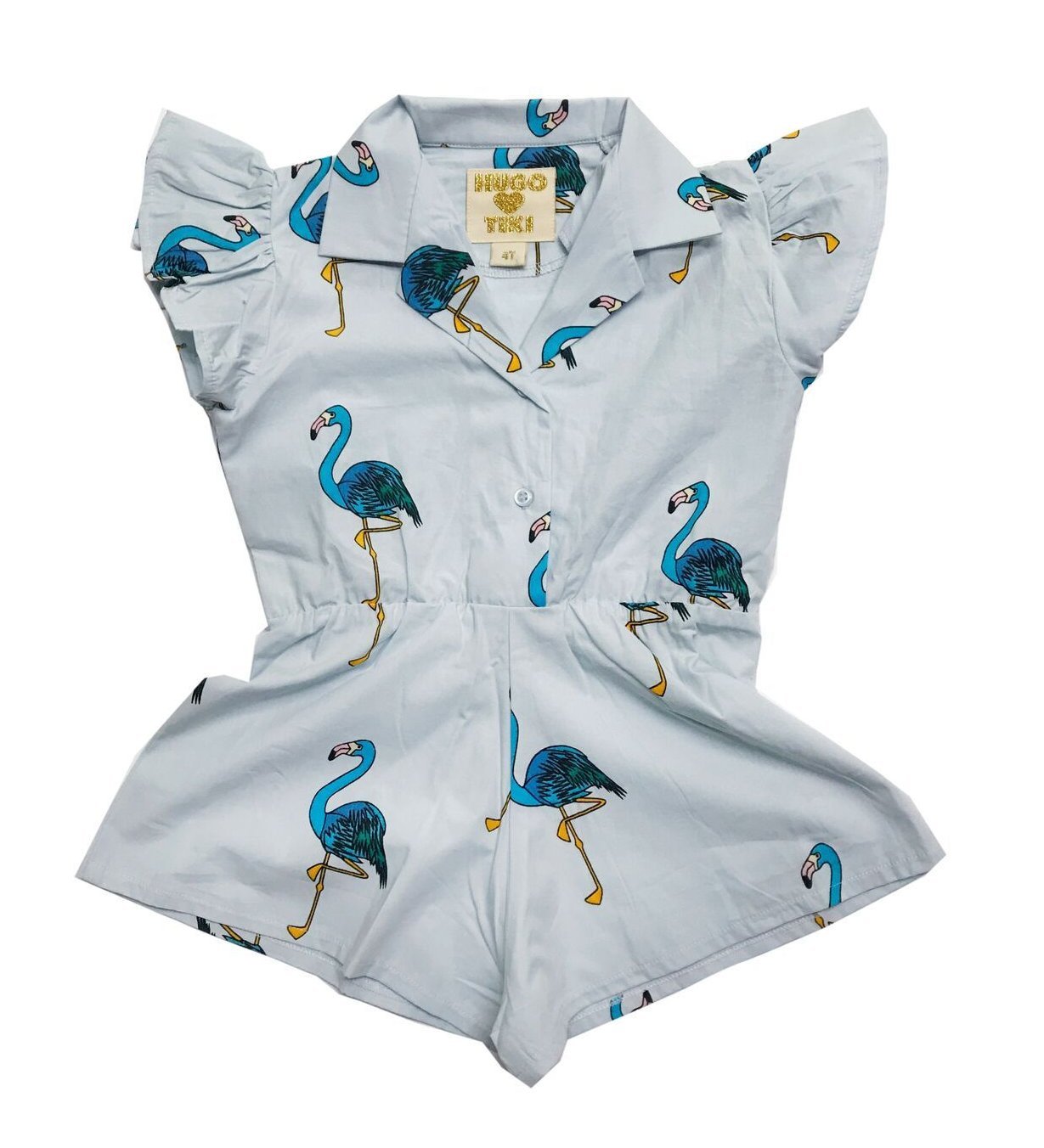 Hugo Loves Tiki Flamingos Ruffled Romper BLUE Garmentory