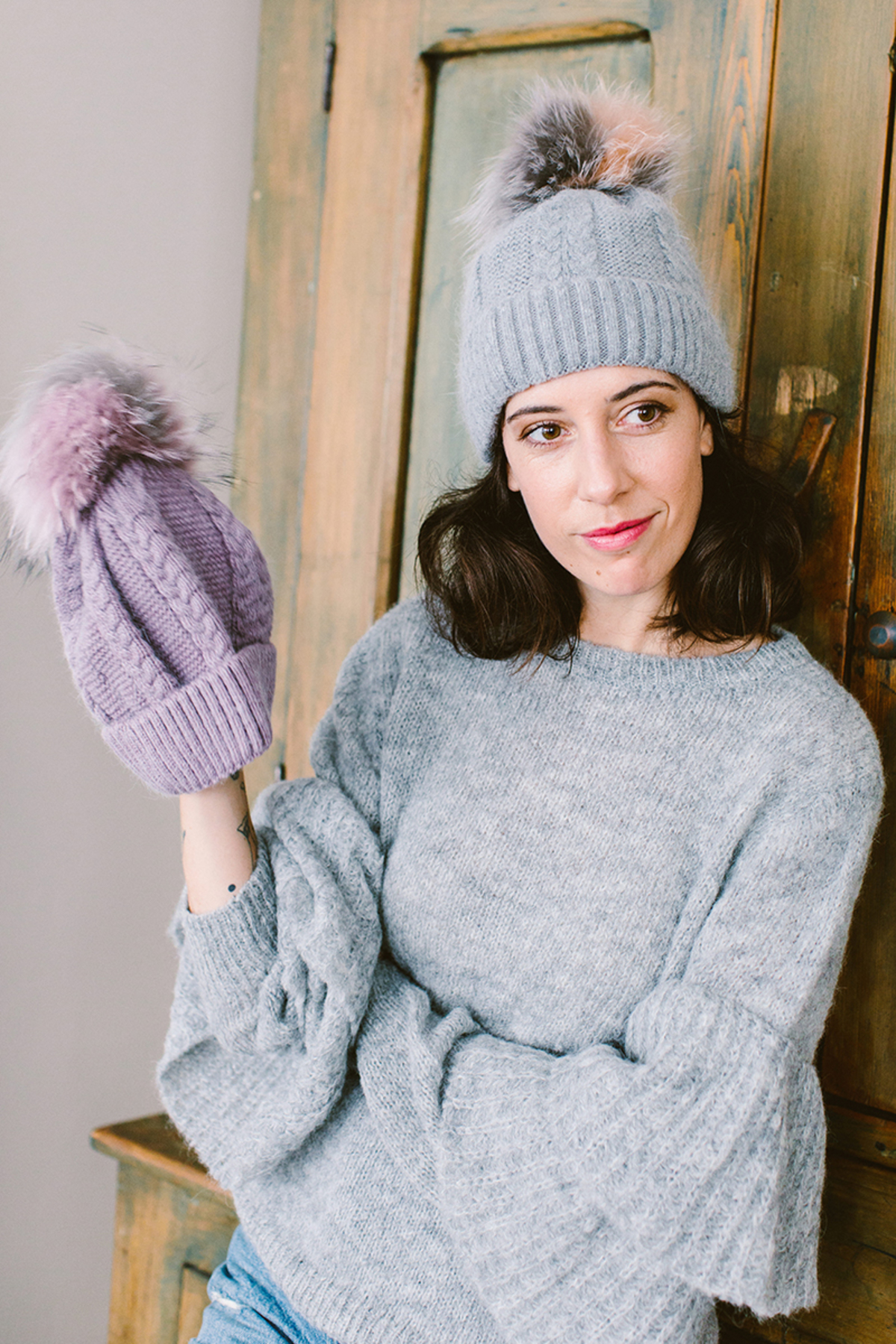 Linda Richard ‘Ski’ Hat - Grey Linda Richards Angora Blend Hat with Genuine Fur Pom Pom  main image 3
