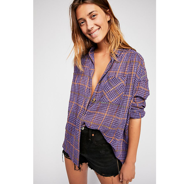 Free People Break My Stride Buttondown Top - Purple Plaid | Garmentory