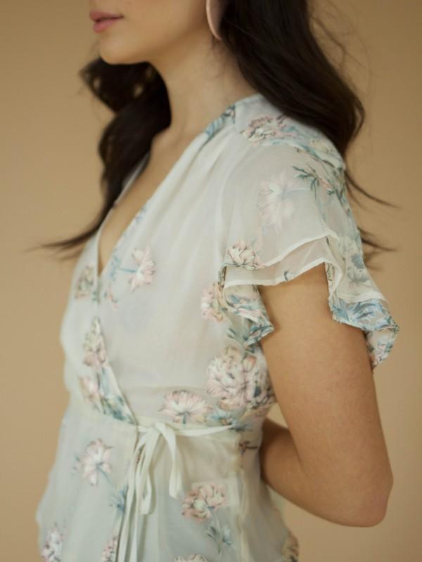 ASTR The Label Sheer Flutter Sleeve Wrap Top Floral Garmentory