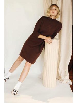 Jovonna Mock Neck Sweater Dress with Cinched Side - Brown Jovonna Mock Neck Sweater Dress with Cinched Side - Brown