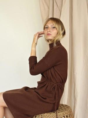 Jovonna Mock Neck Sweater Dress with Cinched Side - Brown Jovonna Mock Neck Sweater Dress with Cinched Side - Brown