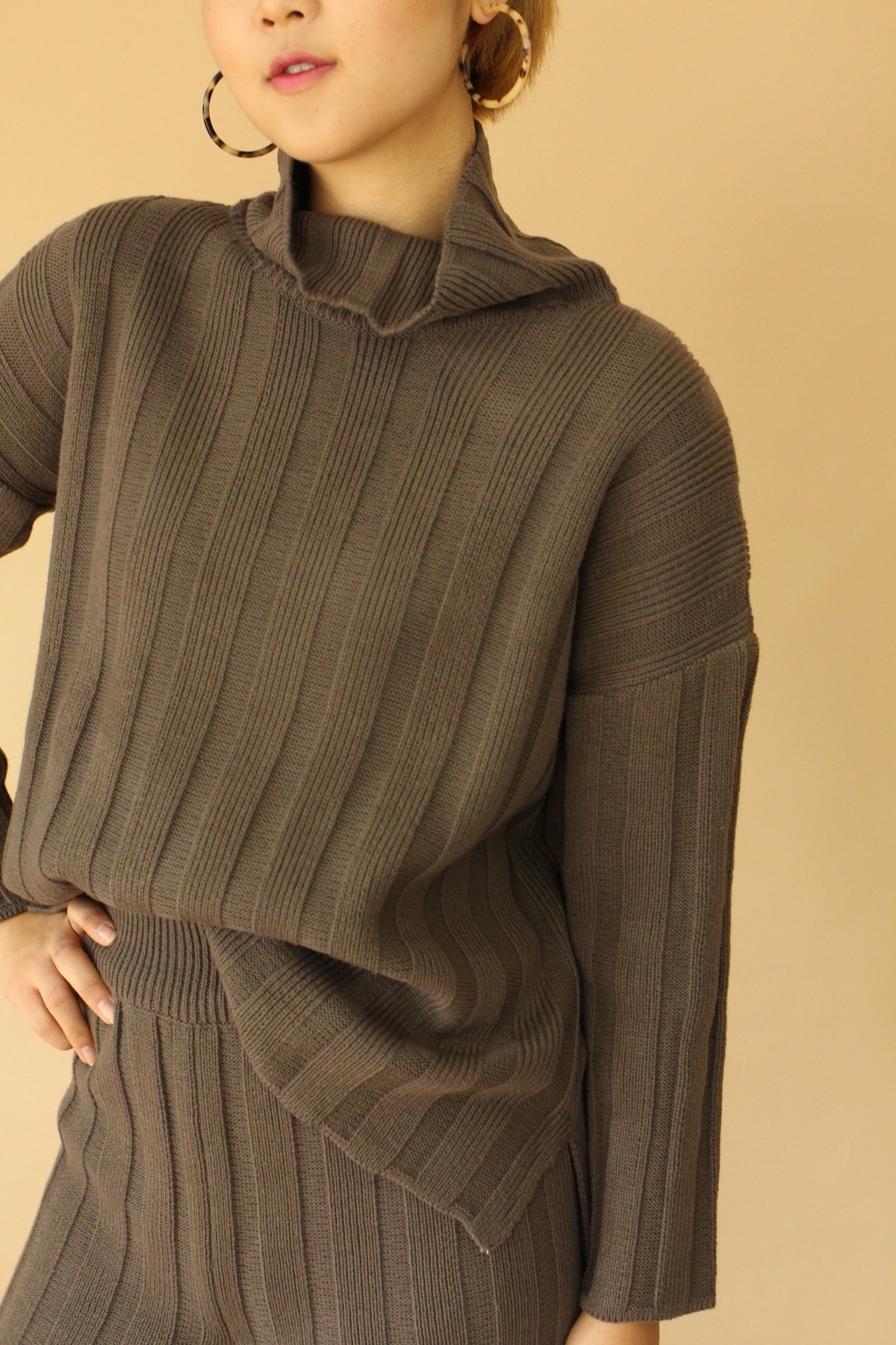 LUCCA Ribbed Knit Mock Turtleneck Sweater - Cocoa - Image 1 of 4