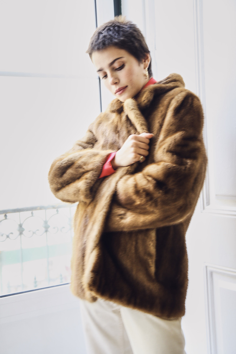 アメリヴィンテージ ECO MINK FUR COAT Saga MINK With Fox Collar FUR JACKET Great Shape. size Small