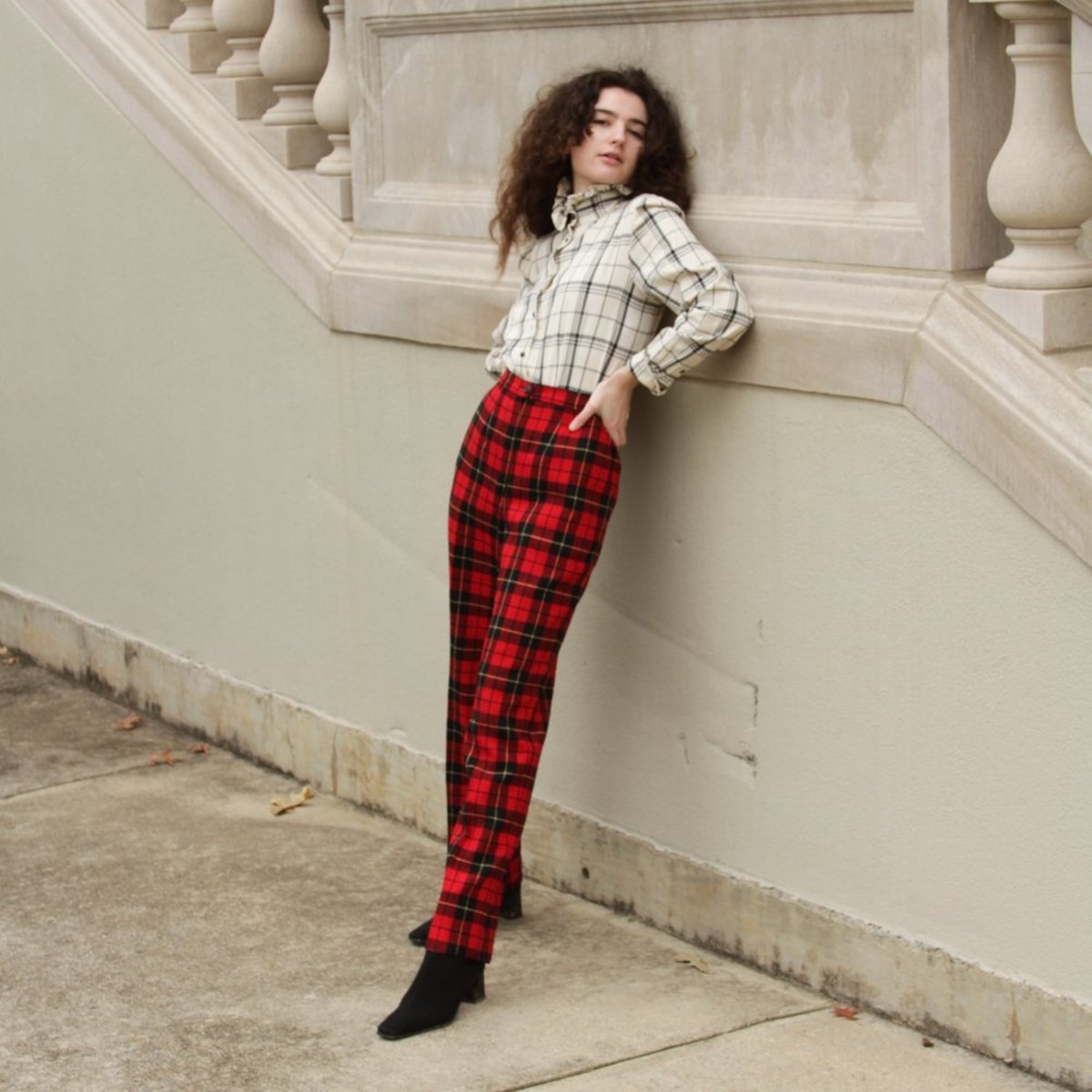 Vintage High-Waisted Plaid Pant Red Garmentory