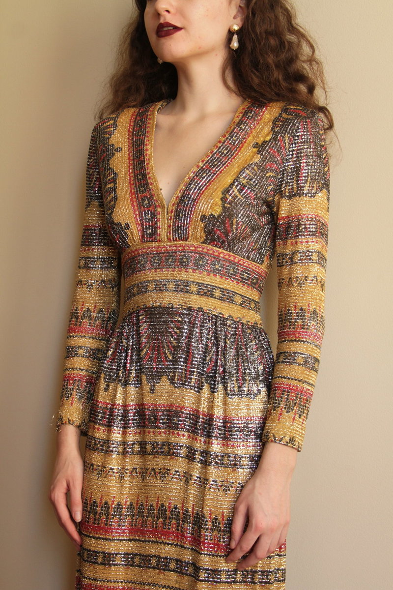Vintage Victor Costa Metallic Gold Patterned Evening Dress | Garmentory