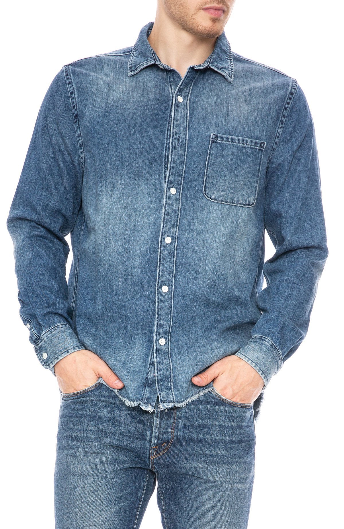 【SATIIIZ】Aaron Raw Edge Denim Shirt SATIIIZ】Aaron Raw Edge Denim Shirt (SATiiiZ/シャツ