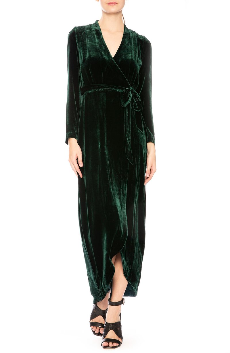 green emerald velvet dress Charlie Forest Green Velvet Wrap Style Midi Dress