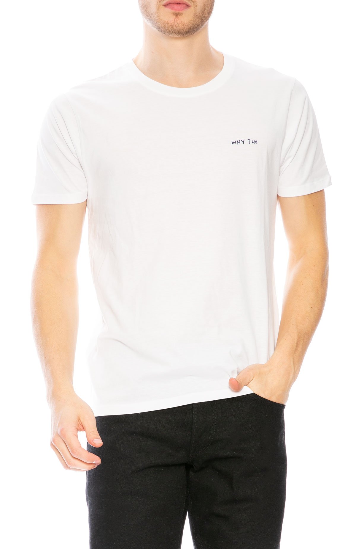 Yeah Right NYC Why Tho Embroidered T-Shirt - White/Navy Blue 
