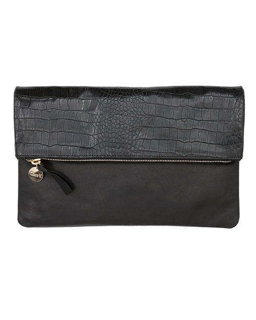 Clare V. Foldover Clutch in Two Tone Black Alligator and Black Leather Clare V. Foldover Clutch in Two Tone Black Alligator and Black Leather