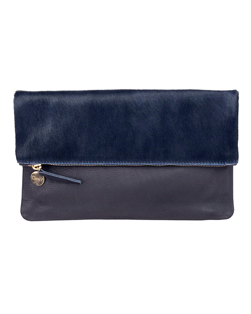 Clare V. Foldover Clutch in Navy Calf Hair and Navy Lambskin Clare V. Foldover Clutch in Navy Calf Hair and Navy Lambskin