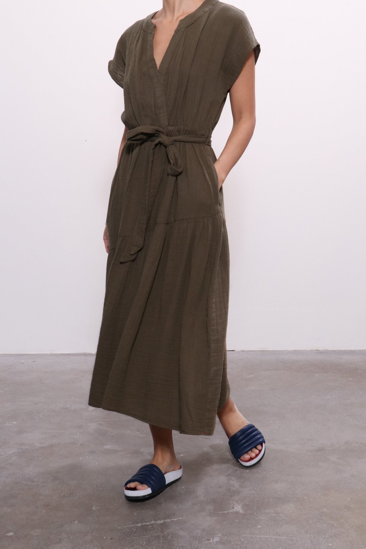 slim fit dress slacks Cypress Smocked Button Front Midi Dress- Cactus Green main image 0