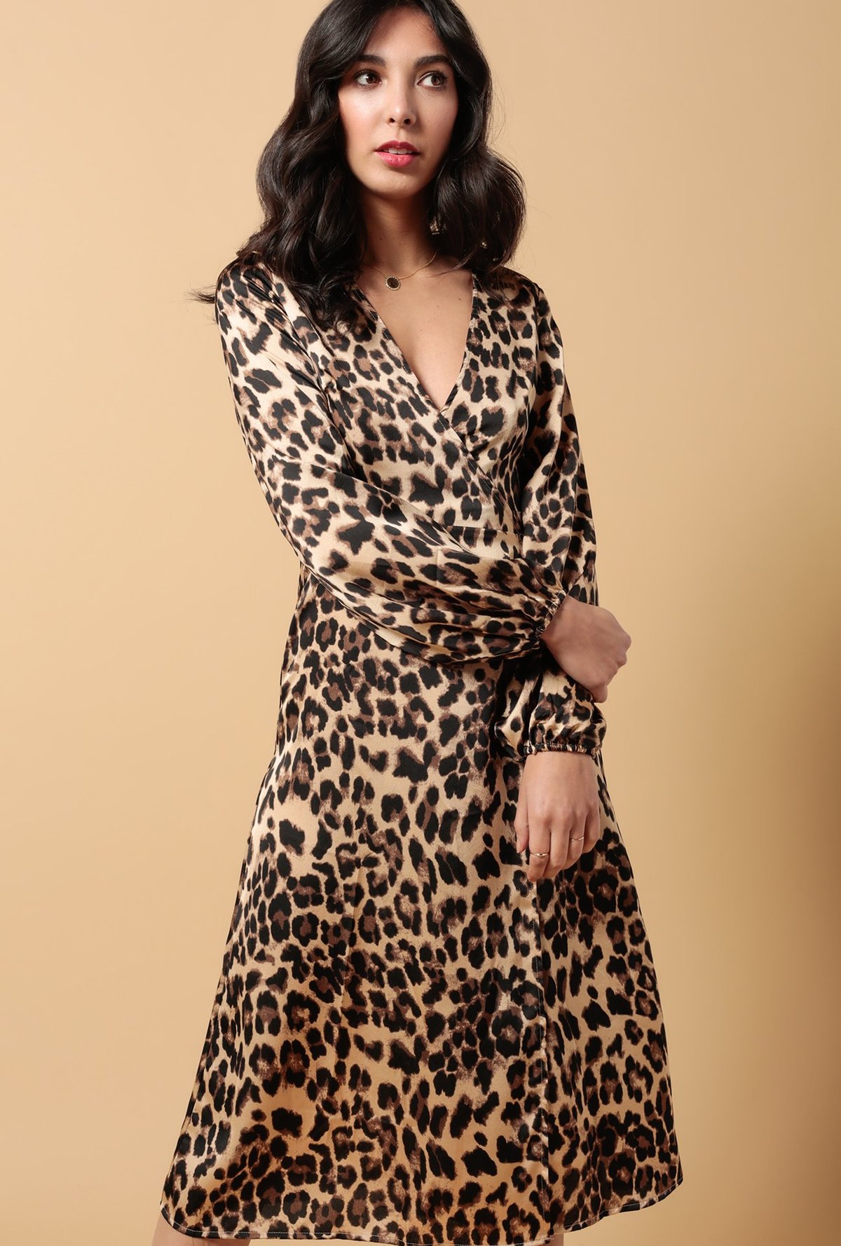 knee length dresses for ladies Leopard Print Plunge Wrap Front Maxi Dress main image 0