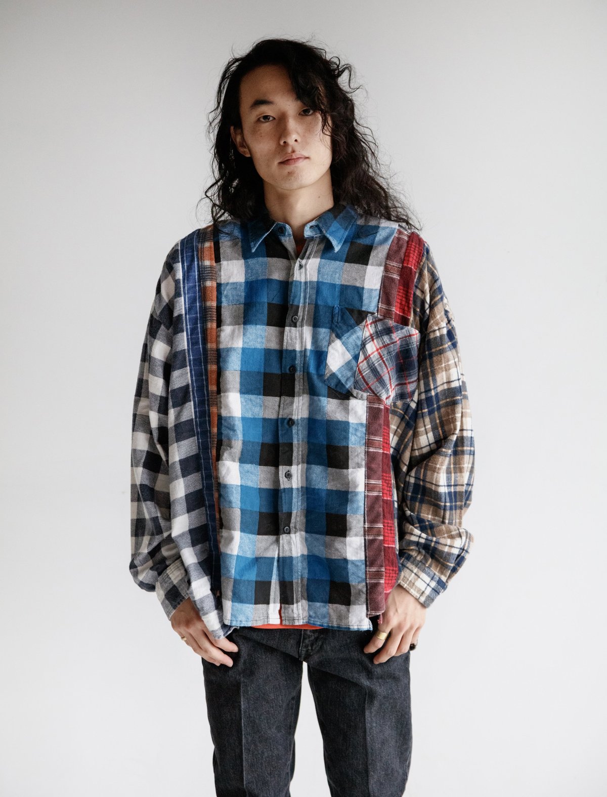 Needles Mens Rebuild by Needles Flannel Shirt Blue Black | Garmentory