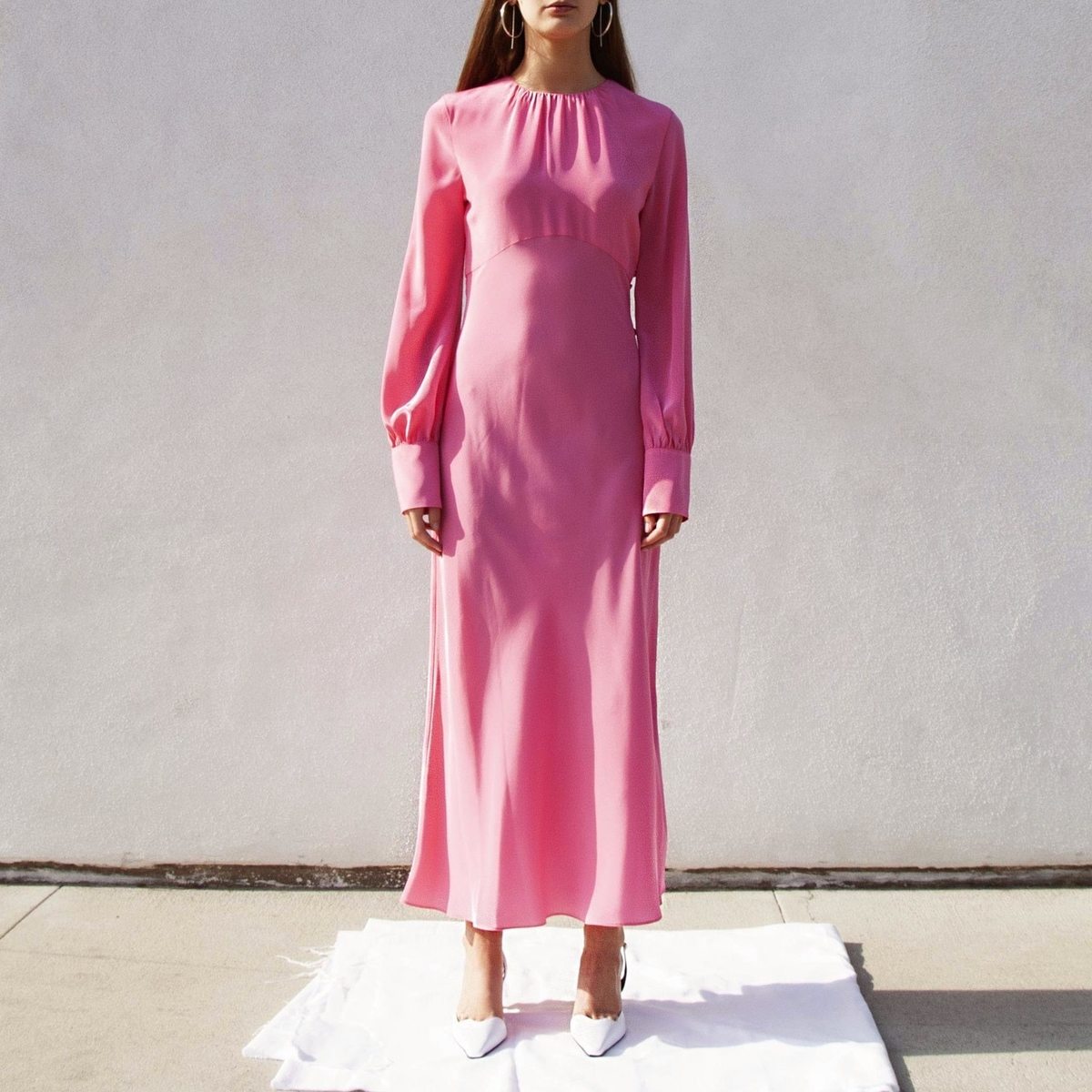 les reveries silk dress Les Reveries Shirred LS Dress - Flamingo