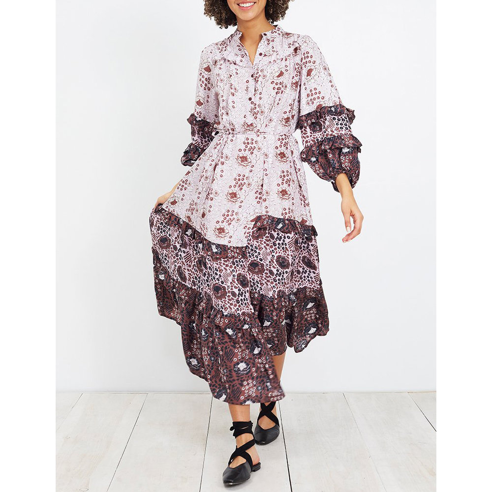 knee length dresses for ladies Floral Print Puff Sleeve Maxi Tie Belt Dress Gracia D36659